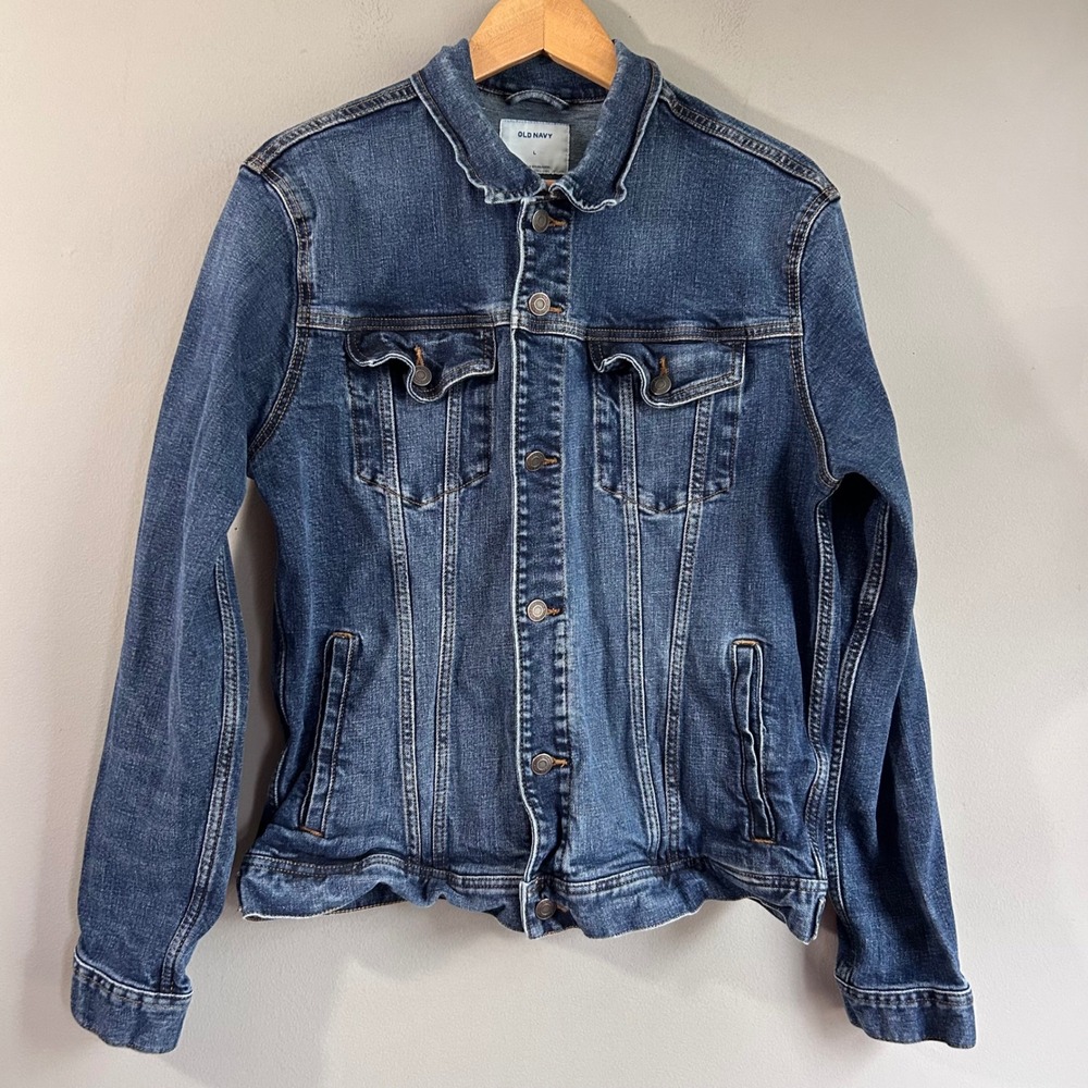 Old Navy Mens Medium Wash Denim Trucker Jacket Blue Size Large Stretch Cotton